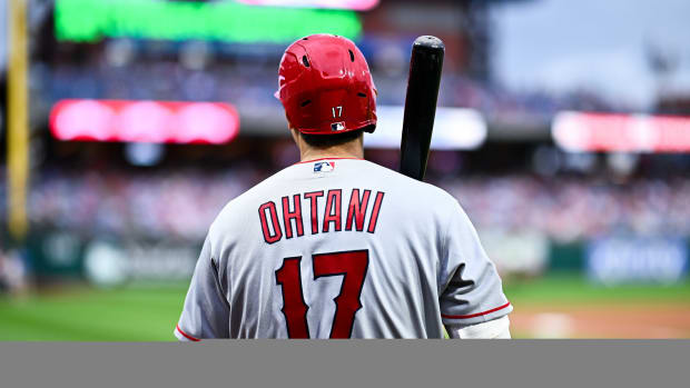 Angels superstar Shohei Ohtani surveys the field before taking an at-bat against the Philadelphia Phillies (2023).